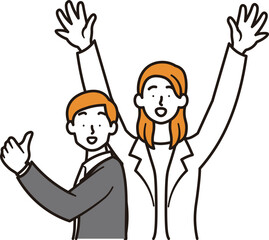 バンザイをしている女性とグッドポーズの男性のビジネスパーソンのシンプルな上半身のイラスト素材