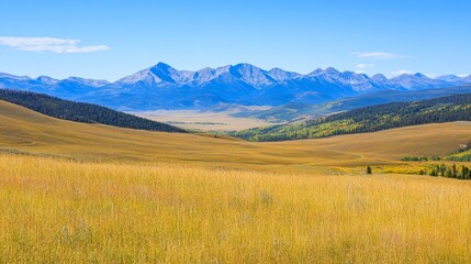 Obraz premium Expansive Mountain Landscape with Lush Green Valleys and Clear Blue Sky in Autumn