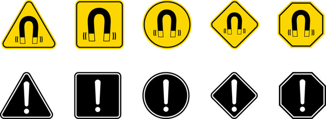 Caution Warning Dangerous alarm set, danger sign collection, attention vector icon, yellow, red and black fatal error message element, exclamation mark of warning attention icon symbol