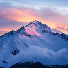 Majestic snow-capped mountain at sunset with vibrant sky and clouds, ideal for travel imagery