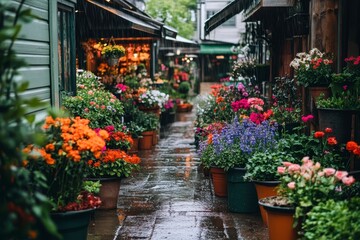 Rainy Day at a Vibrant Flower Market Colorful Blooms and Wet Cobblestones