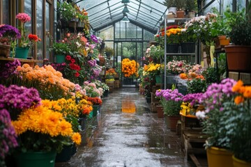 Rainy Greenhouse with Colorful Flower Displays