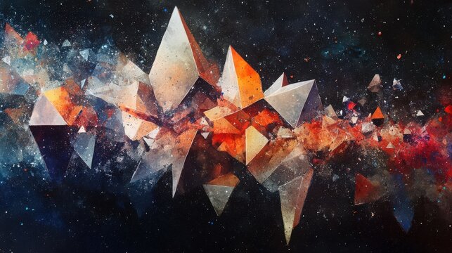 Abstract cosmic scene featuring dynamic triangular shards and radiant flares