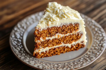 Slice of carrot cake is on a textured, ceramic plate with uneven edges. Spiced layers peek through luscious cream cheese frosting, topped with toasted walnuts