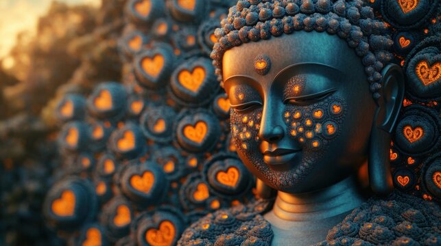Render a Buddha sculpture melting into mesmerizing fractal blossoms, each reflecting joyous hearts, in a psychedelic and intricate interpretation