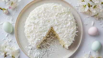 Fluffy white coconut cake on a textured ceramic plate, dusted with fine coconut flakes. The plate is white and the cake is placed on a table.