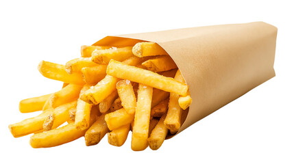 Golden crispy French fries in a classic paper cone, lightly salted, high-resolution, cinematic depth of field, isolated on white background