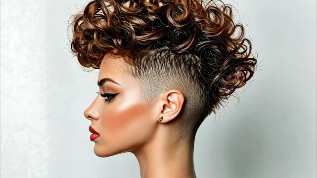 Stylish woman with curly hair and undercut hairstyle, showcasing beauty, confidence, and bold makeup in fashion profile.