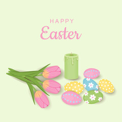 Easter painted eggs, pink tulips and green candle on light green background. Vector illustration. Easter holiday background. Greeting card invitation. Square flyer for sale.