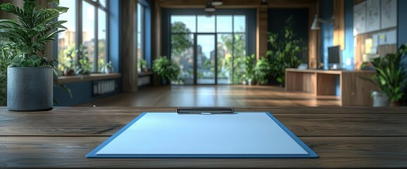 A blank clipboard and stethoscope on the desk in a modern medical office, with a blurred background of the doctor's room and panoramic windows Copy space, commercial use