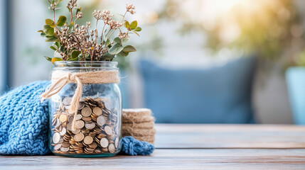 Euro Coin in Glass Jar with Plant Still Life