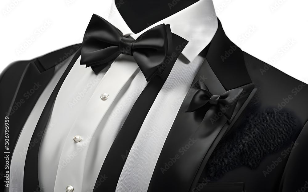 Poster A classic black tuxedo with a satin lapel and bowtie, isolated on a empty plain background