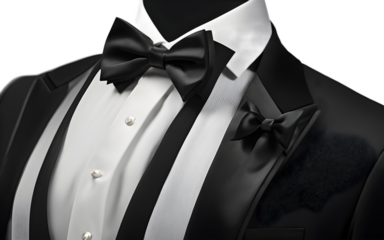 A classic black tuxedo with a satin lapel and bowtie, isolated on a empty plain background