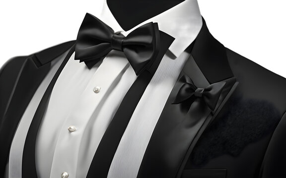 A classic black tuxedo with a satin lapel and bowtie, isolated on a empty plain background