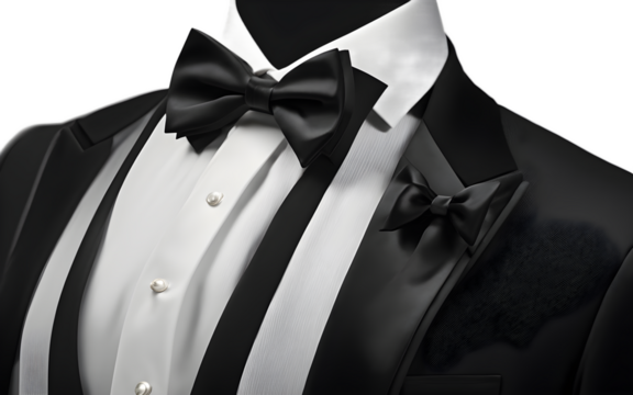 A classic black tuxedo with a satin lapel and bowtie, isolated on a empty plain background