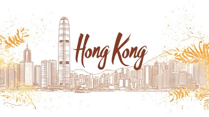 Abstract outline of Hong Kong city skyline in ink style with white background and the word "Hong Kong" in ancient Chinese cursive, vector illustration in warm colors, representing urban landscape 