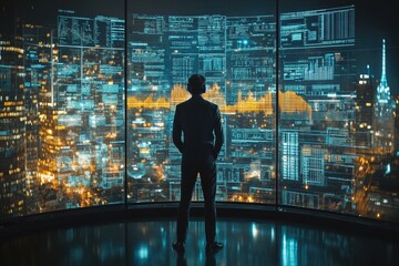Plakat A businessman gazes out at a vibrant, digital cityscape filled with glowing data visualizations, illustrating the intersection of technology and commerce.