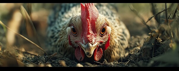 A close-up of a chicken's beak as it pecks at the ground, showcasing the details of its features and the charm of farmyard life 