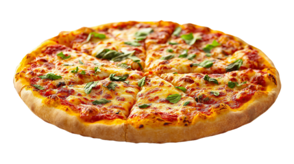 Authentic Neapolitan pizza with melted mozzarella and fresh basil, slightly charred crust, studio shot, high-resolution, white background