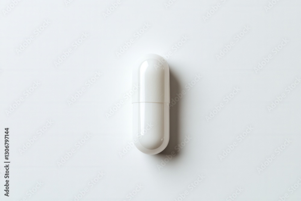Poster Single capsule placed on clean white surface with soft shadows exhibiting minimalism and hyper realistic details Generative AI