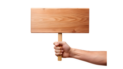 Human Hand Holding Blank Wooden Sign Demonstration on Transparent Background

