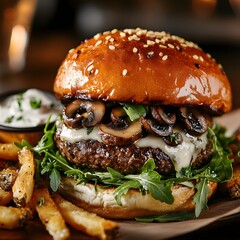 close-up of a mushroom swiss burger with fries and dip. the burger is assembled with arugula. the bun is brioche with sesame seeds.