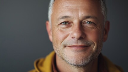 Fototapeta premium Realistic image, mid-age male, ordinary male, not too good looking, smiling, front view, subject far away, clean background