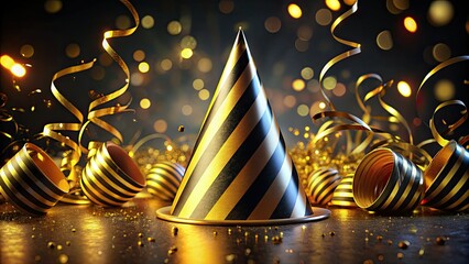 Elegant gold & black striped party hat shines in night photography; ideal for celebratory invitations.