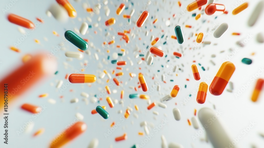 Poster Colorful array of capsules scattered across a minimalist white background with realistic lighting Generative AI