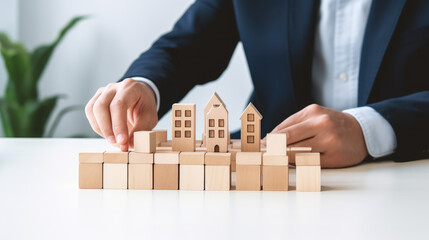 Businessman hand arranging wood block with icon business