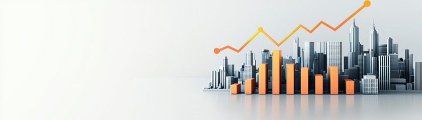 A modern city skyline is depicted with rising bar graphs and an upward trend line, symbolizing economic growth and development.