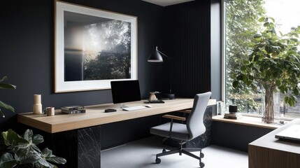 Fototapeta premium Modern home office with large window, plants, and minimalist desk