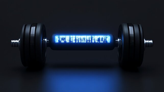 Barbell with Glowing Cryptocurrency Bitcoin Data Fitness Concept