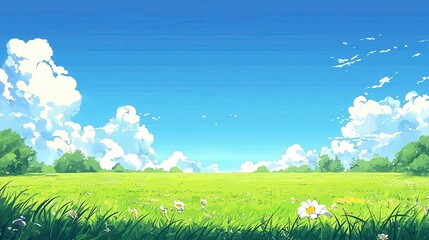 Obraz premium Bright Sunny Landscape with Green Grass and Blue Sky and Clouds