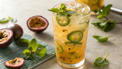 Swicy food. A vibrant image of a spicy passion fruit mojito garnished with jalape&ntilde;o slices, perfect for food lovers. Sweet and Spicy Menus.