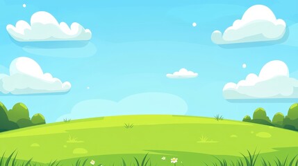 Bright Grass Field Under Clear Blue Sky with Fluffy White Clouds