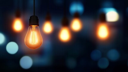 Warm glowing light bulbs hanging in a dark setting, creating a cozy atmosphere with bokeh