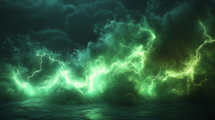 Green lightning illuminating dark stormy clouds