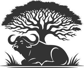 Fototapeta premium Buffalo resting under a tree, horns curving upward animal vector silhouette
