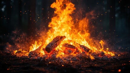 glowing bonfire flames in darkness expressing warmth and energy