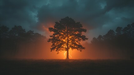 Stormy Night Tree Silhouette in Field