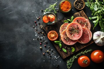 Raw beef steaks with spices and vegetables on black background, top view.