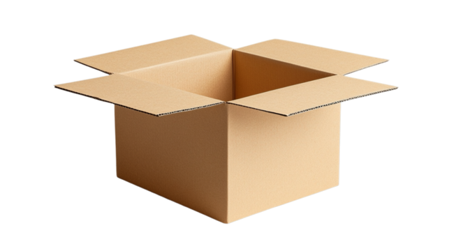 An open cardboard box with flaps extending outwards on transparent background cutout, PNG file.