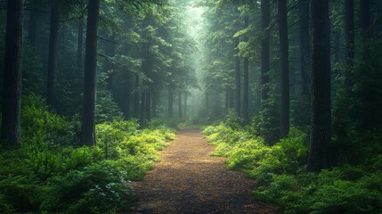 Fototapeta premium Scenic Pine Forest Path with Green Trees and Lush Vegetation