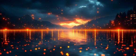 Fototapeta premium Fiery Sunset Over Lake Cityscape