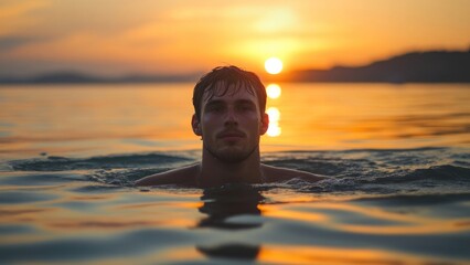 Man swimming front crawl sunset water photo.