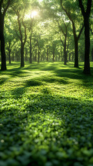 Naklejka premium Sunlit Forest Pathway With Lush Green Grass