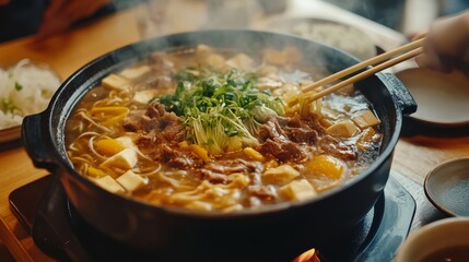 2.A beautifully arranged hot pot with thinly sliced marbled beef, fresh vegetables, enoki mushrooms, tofu, and glass noodles simmering in a rich, flavorful broth, served in a steaming cast-iron pot