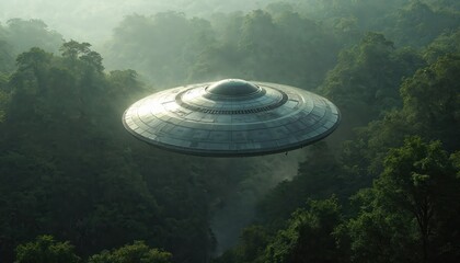 Alien spacecraft hovers over dense tropical forest. The silver metallic flying saucer hovers above treetops in misty jungle on planet Earth. Unidentified flying object in green rainforest background.