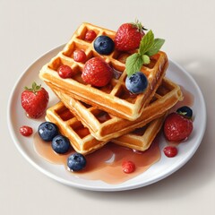 Elegant plate of waffles topped with mixed berries and drizzled with sweet maple syrup